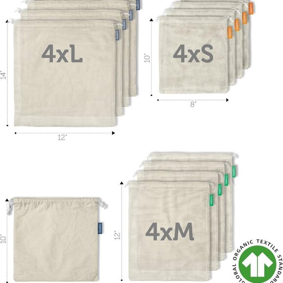 12+1 Reusable Produce Bags Grocery Washable, Organic Cotton Mesh Produce Bags, D - Picture 3 of 8